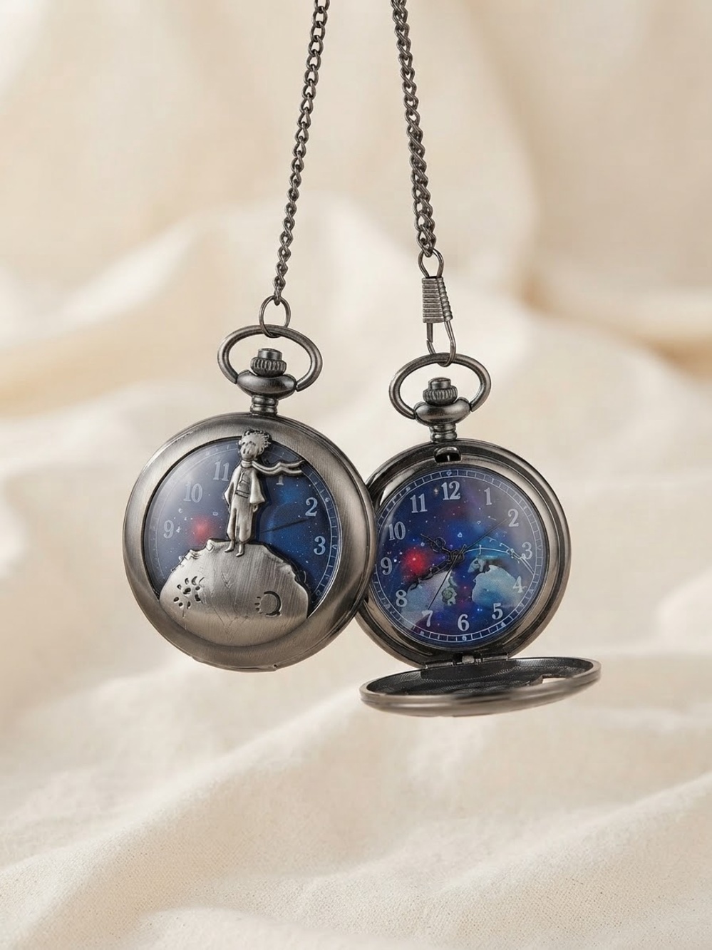 Antique Silver-tone Little Prince Pocket Watch Necklace - Silver